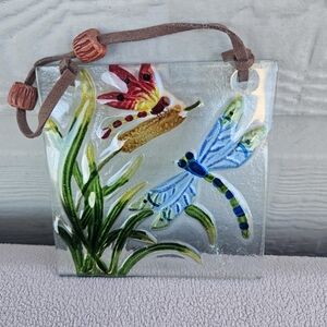 Reverse Painted Dragonfly Glass Suncatcher Hanging 4.5" Garden Outdoor Window